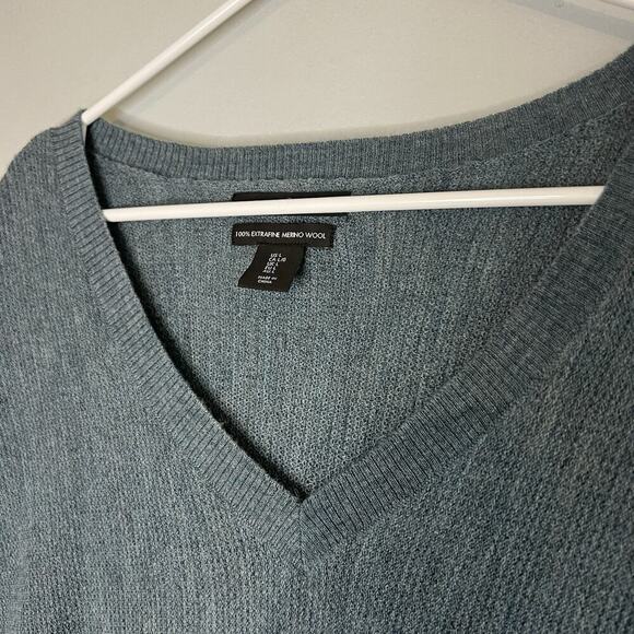 Tahari Womens 100% Merino Wool Knit V Neck Pullover Sweater Sz L Blue - Picture 6 of 12